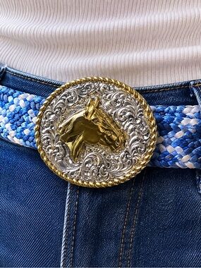 Vintage Crumrine Western Belt Buckle Blue White Woven Heavy Silver Plate USA